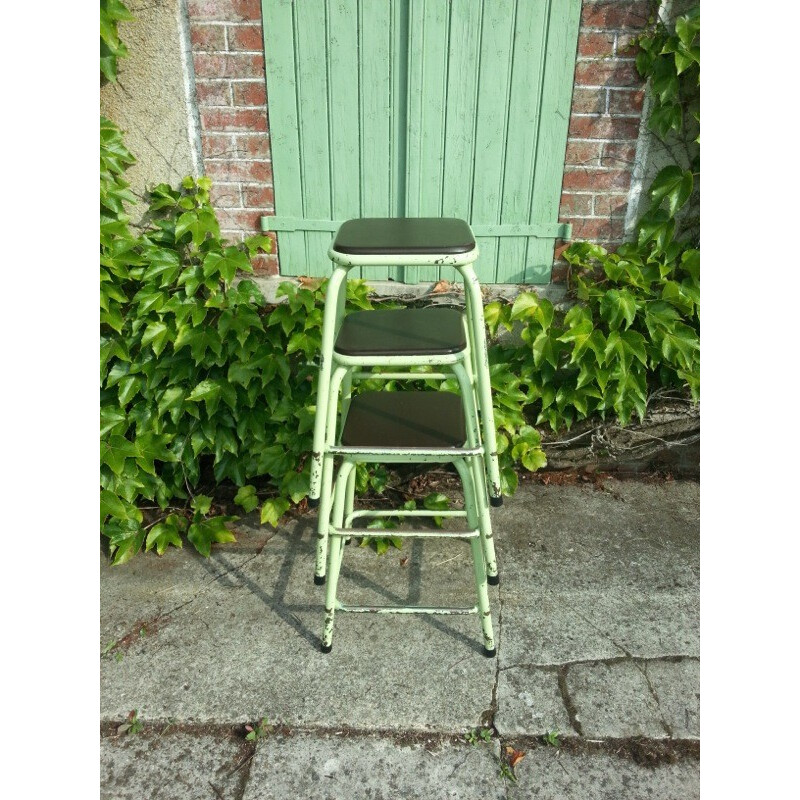 Set of 3 industrial French high stools in iron and leather - 1960s