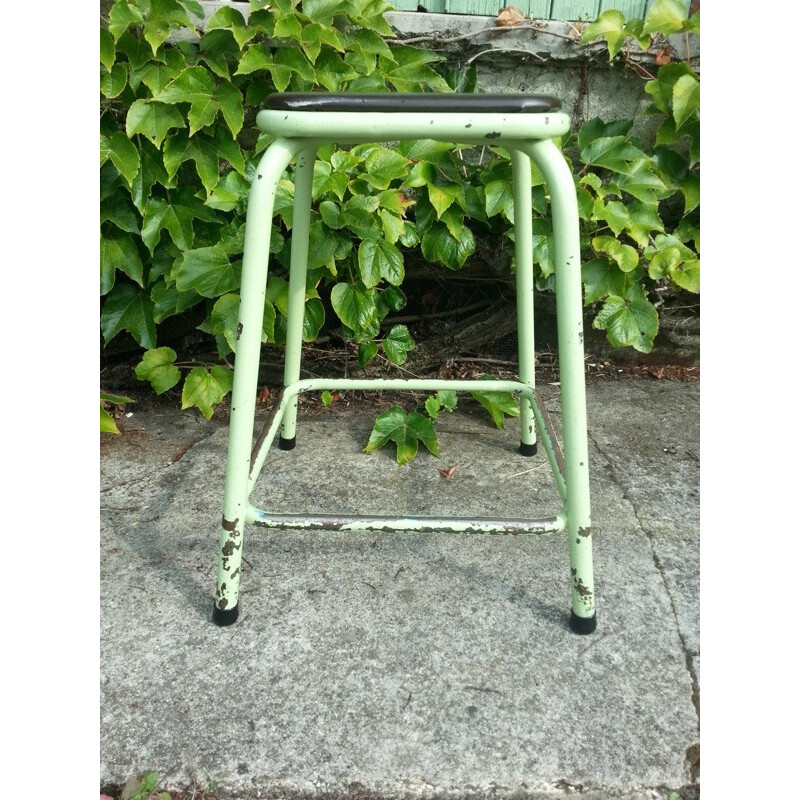 Set of 3 industrial French high stools in iron and leather - 1960s