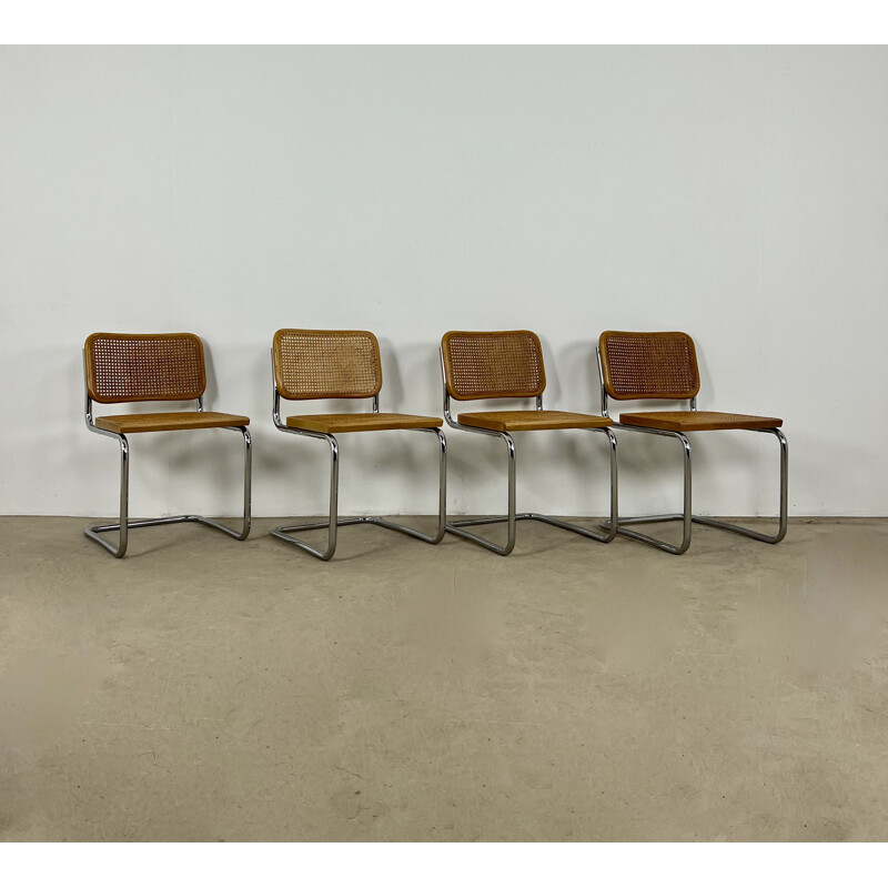 Ensemble de 4 chaises vintage Gavina en métal, bois et cannage par Marcel Breuer, 1980