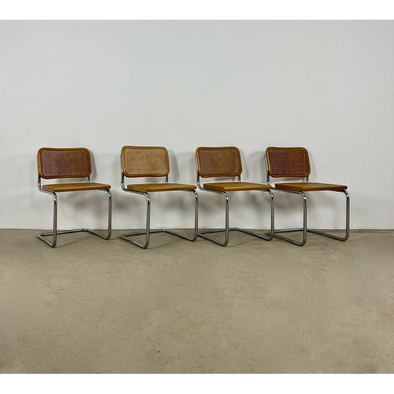 Set of 4 vintage Gavina chairs in metal, wood and cane by Marcel Breuer, 1980