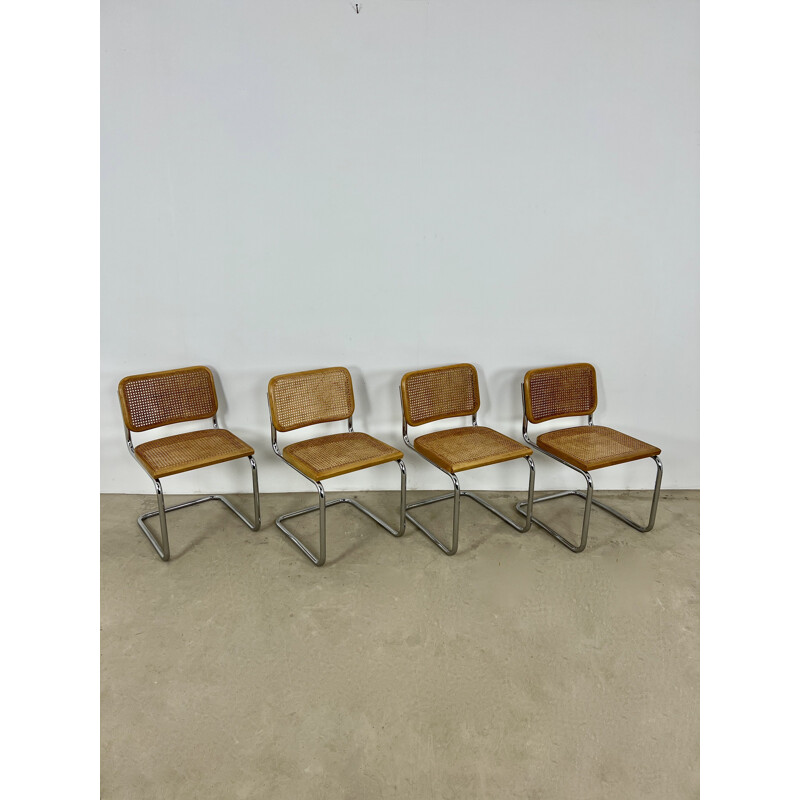 Ensemble de 4 chaises vintage Gavina en métal, bois et cannage par Marcel Breuer, 1980