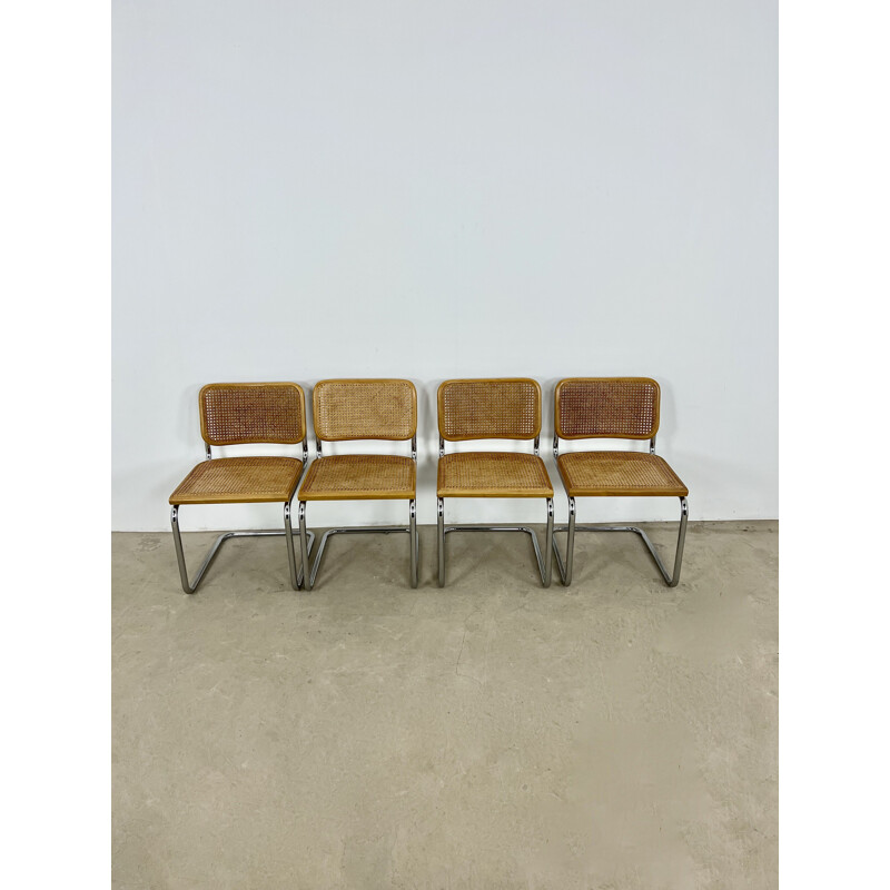 Set of 4 vintage Gavina chairs in metal, wood and cane by Marcel Breuer, 1980