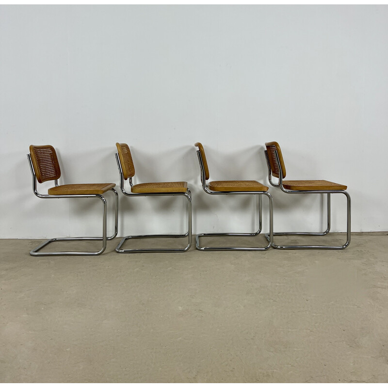 Set of 4 vintage Gavina chairs in metal, wood and cane by Marcel Breuer, 1980