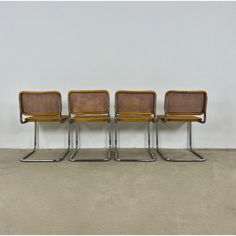 Ensemble de 4 chaises vintage Gavina en métal, bois et cannage par Marcel Breuer, 1980