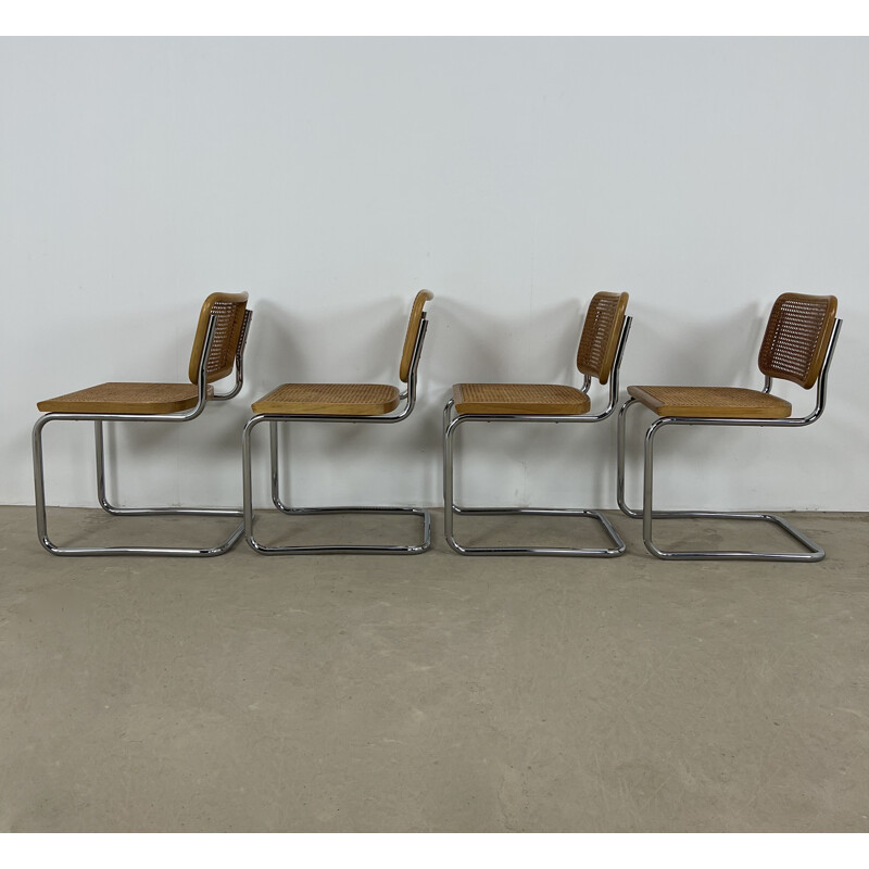 Set of 4 vintage Gavina chairs in metal, wood and cane by Marcel Breuer, 1980