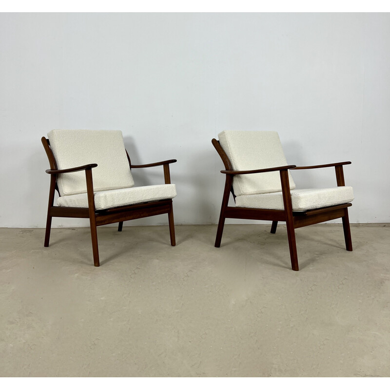 Pair of vintage Danish armchairs in wood and white fabric by Niels Kofoed, 1960
