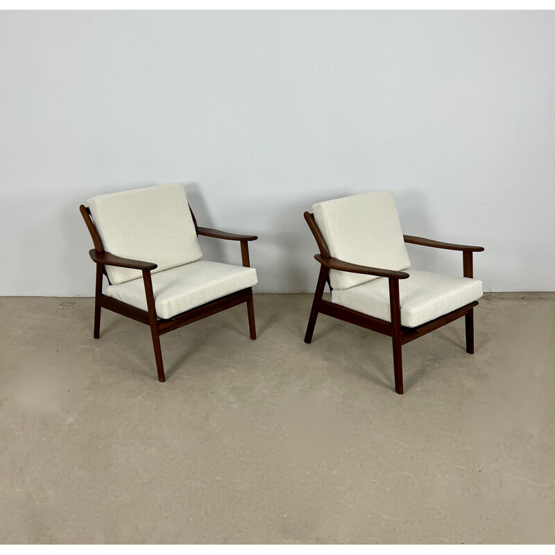 Pair of vintage Danish armchairs in wood and white fabric by Niels Kofoed, 1960