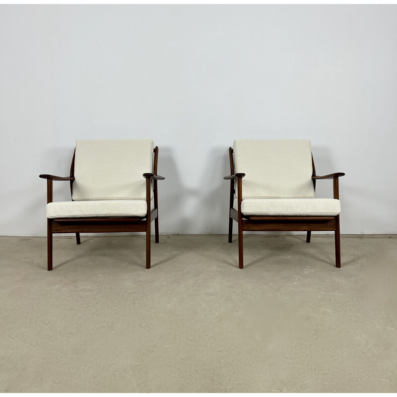 Pair of vintage Danish armchairs in wood and white fabric by Niels Kofoed, 1960