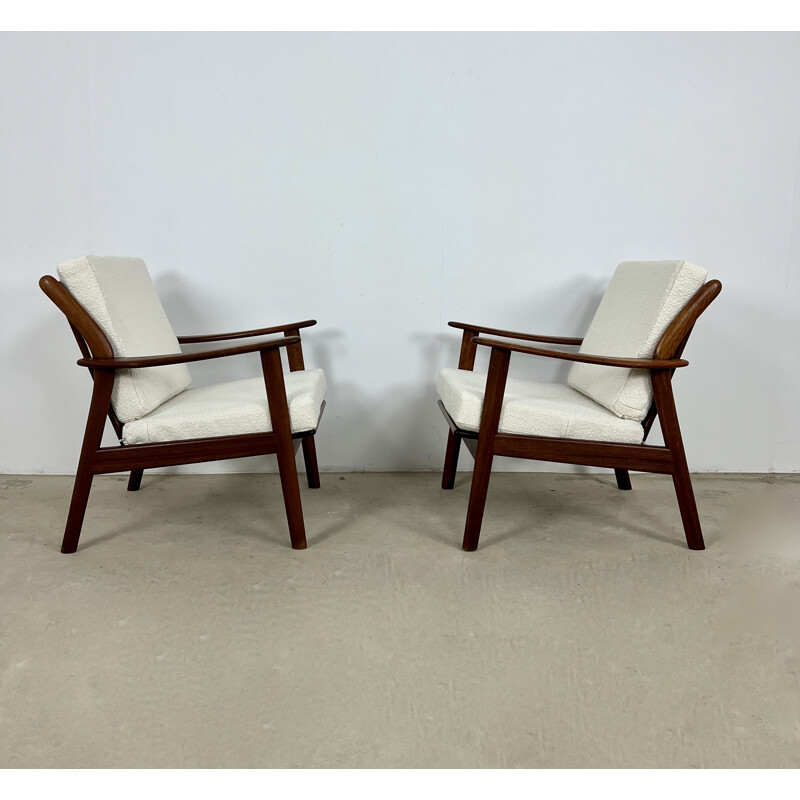 Pair of vintage Danish armchairs in wood and white fabric by Niels Kofoed, 1960