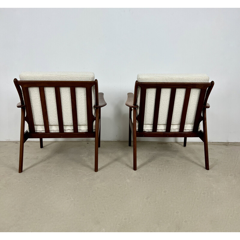 Pair of vintage Danish armchairs in wood and white fabric by Niels Kofoed, 1960