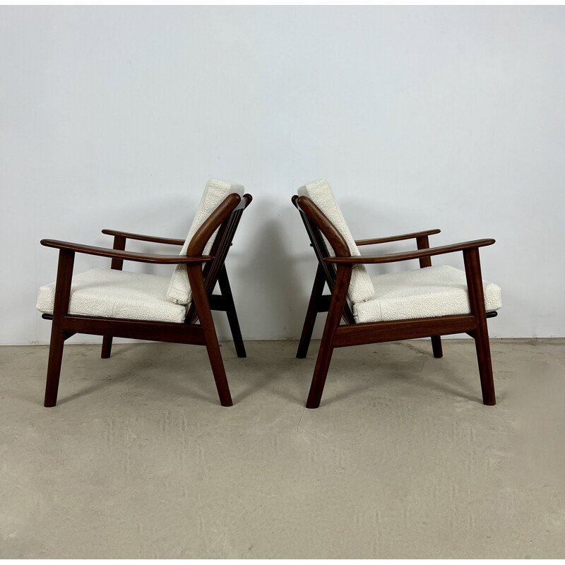 Pair of vintage Danish armchairs in wood and white fabric by Niels Kofoed, 1960