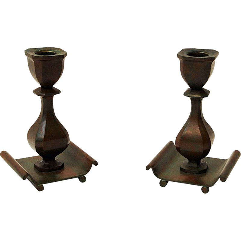 Pair of vintage rustic bronze candle holders by Sune Bäckström, Sweden 1930