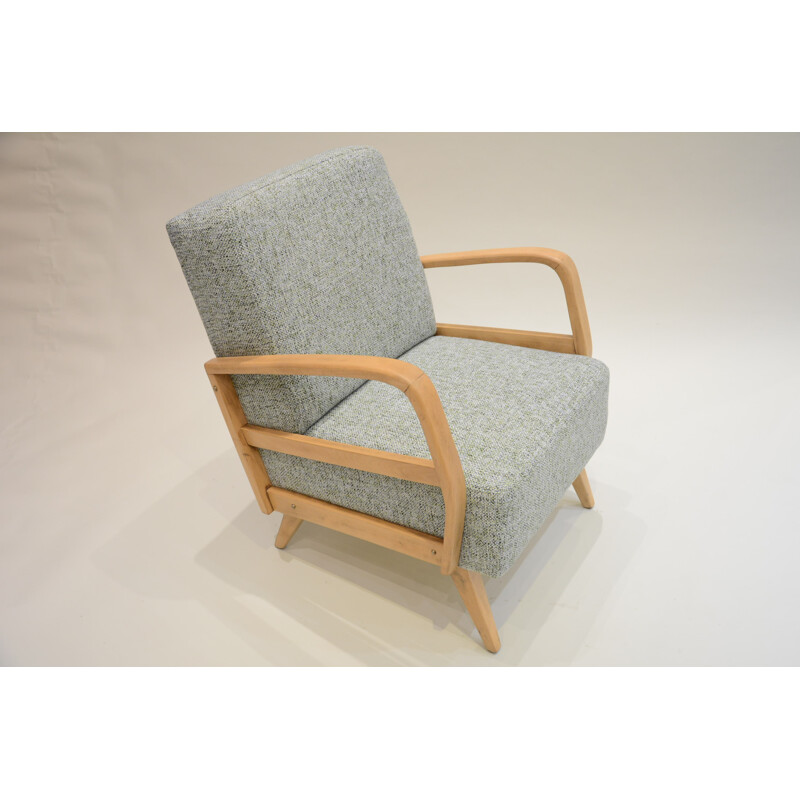 German mid-century armchair in oak and Baltic fabric - 1970s