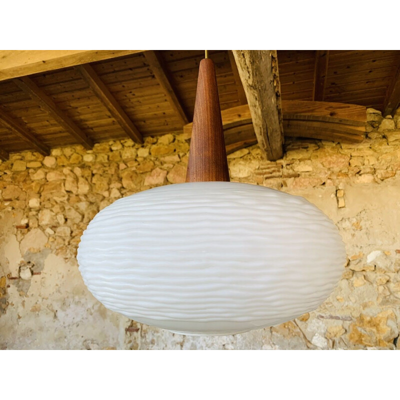 Vintage teak and opaline pendant lamp by Louis Kalff for Philips, 1960