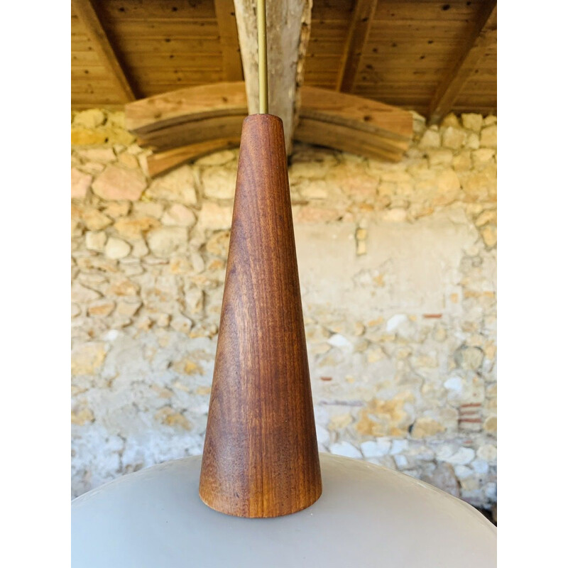 Lampada a sospensione vintage in teak e opalina di Louis Kalff per Philips, 1960