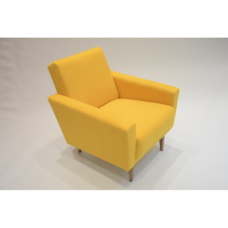 Soviet "Cube" armchair in yellow fabric and oak - 1960s