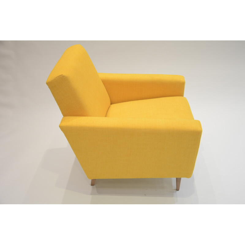 Soviet "Cube" armchair in yellow fabric and oak - 1960s