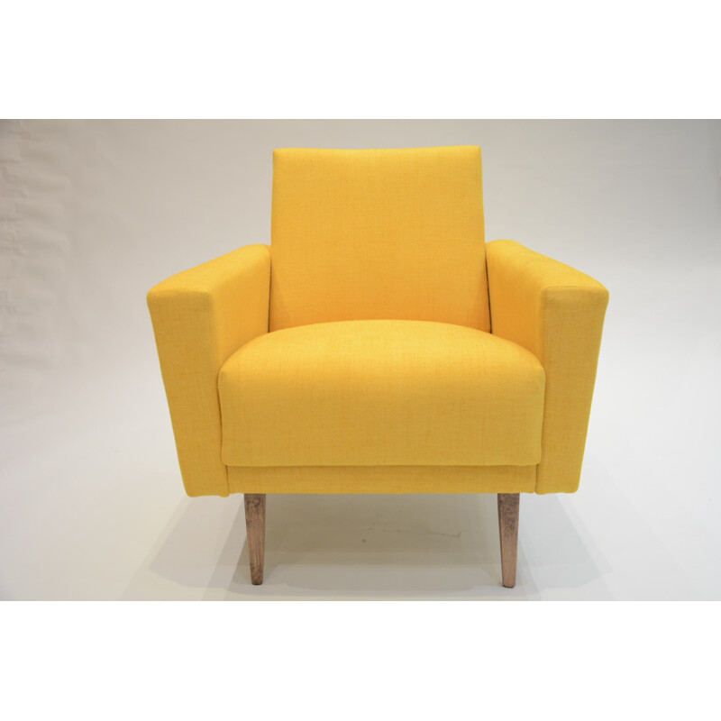 Soviet "Cube" armchair in yellow fabric and oak - 1960s