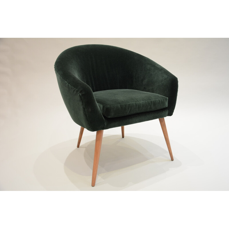 Fauteuil polonais vintage en chêne et velours vert foncé - 1960