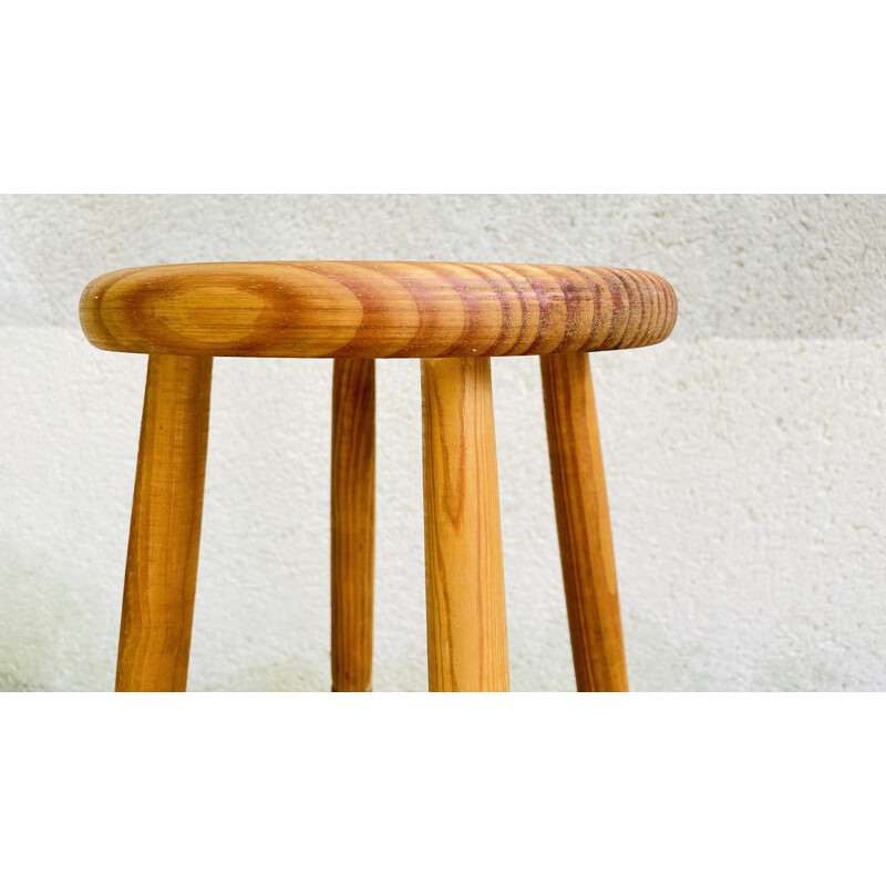 Tabouret haut vintage en bois tourné, 1970-1980