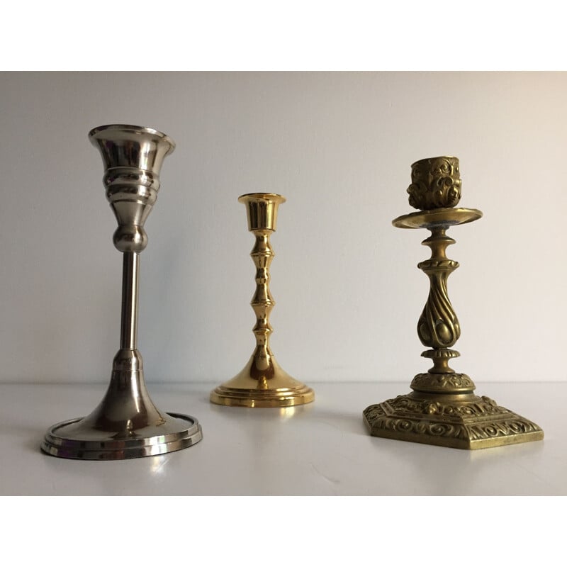 Set of 3 vintage candle holders in brass and silver plated metal