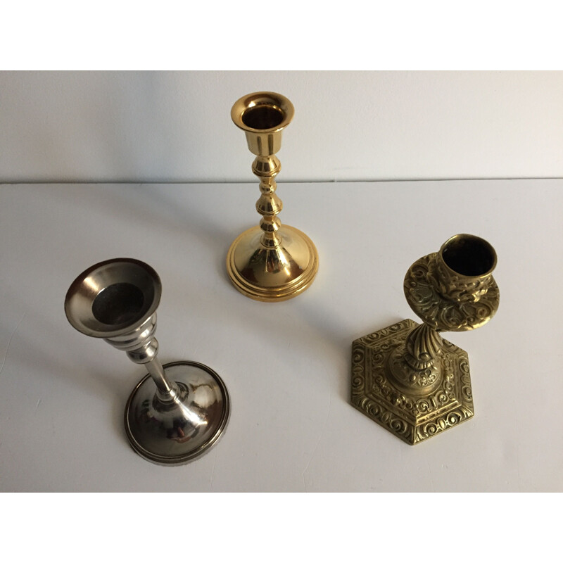 Set of 3 vintage candle holders in brass and silver plated metal