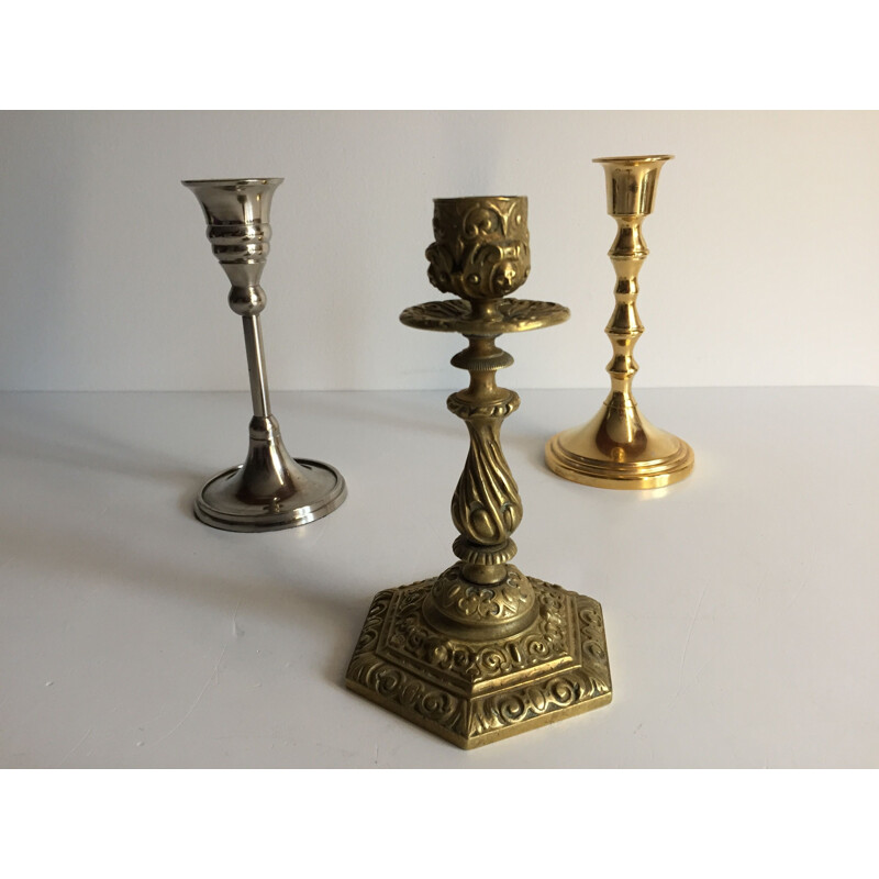 Set of 3 vintage candle holders in brass and silver plated metal