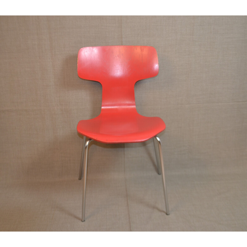 Set of 4 Fritz Hansen dining chairs in red wood, Arne JACOBSEN - 1960s