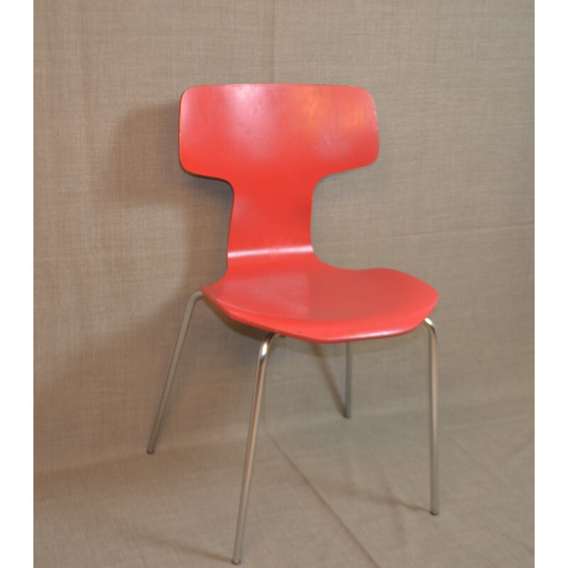 Set of 4 Fritz Hansen dining chairs in red wood, Arne JACOBSEN - 1960s