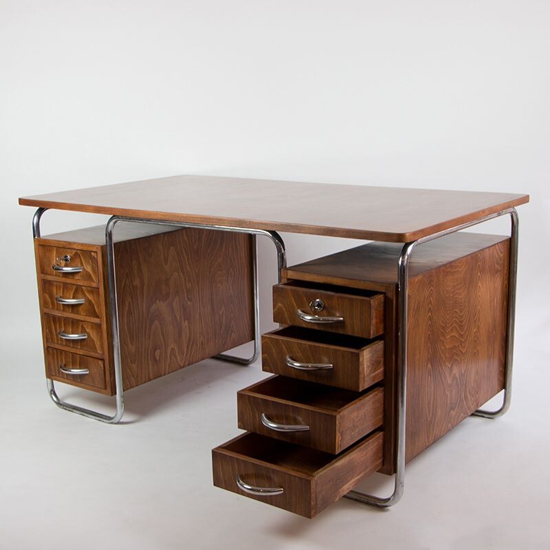 Bureau vintage en bois de hêtre avec deux conteneurs, 1930