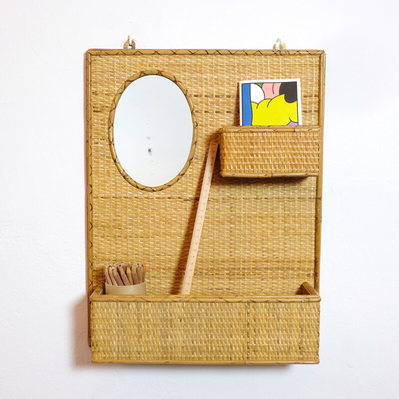 Vassoio a tasca da parete vintage con specchio, 1960-1970