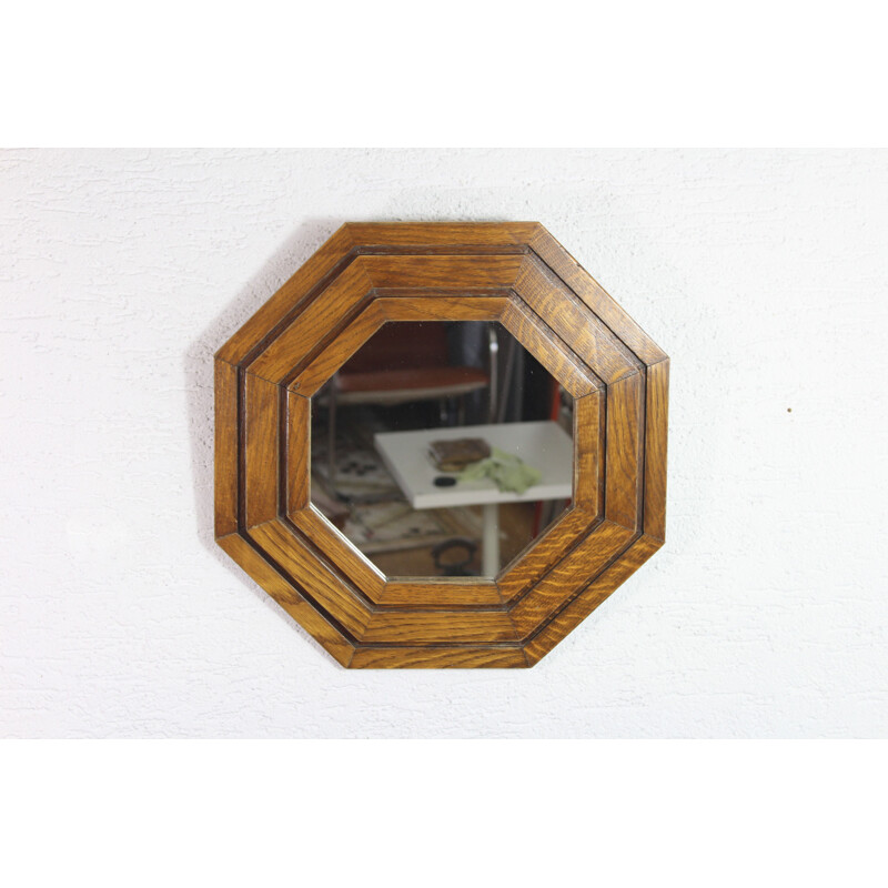 Miroir octogonal vintage en chêne, 1950-1960