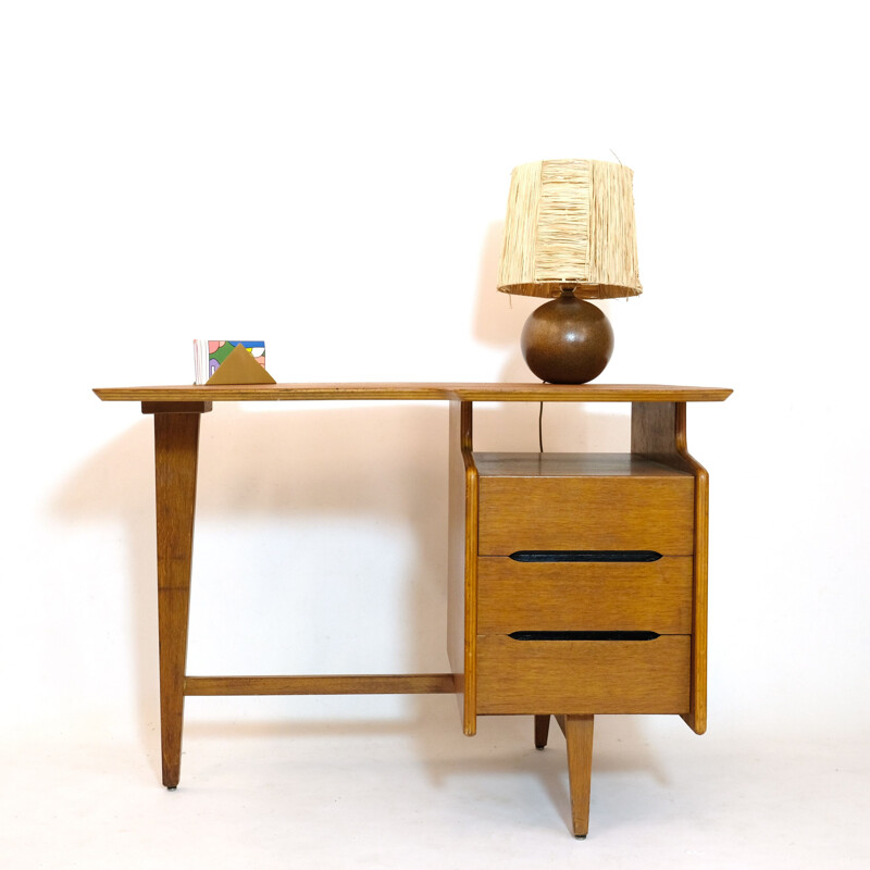 Vintage tripod oak desk by Jacques Hauville, 1950