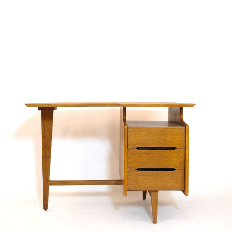 Bureau vintage en chêne tripode par Jacques Hauville, 1950