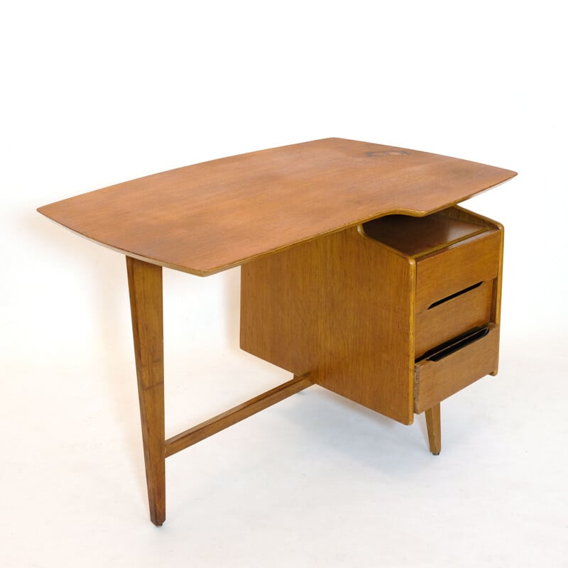 Vintage Schreibtisch aus Eiche, dreibeinig, von Jacques Hauville, 1950
