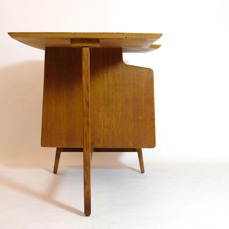 Vintage tripod oak desk by Jacques Hauville, 1950