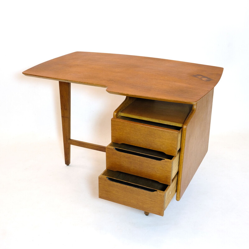 Vintage driepoot eikenhouten bureau van Jacques Hauville, 1950