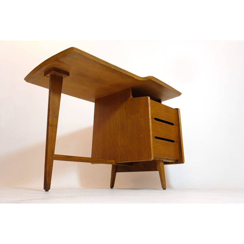 Vintage driepoot eikenhouten bureau van Jacques Hauville, 1950