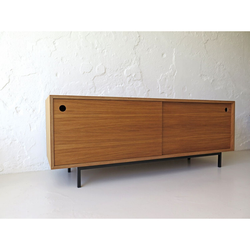 Vintage oakwood lowboard with sliding doors, 1980s