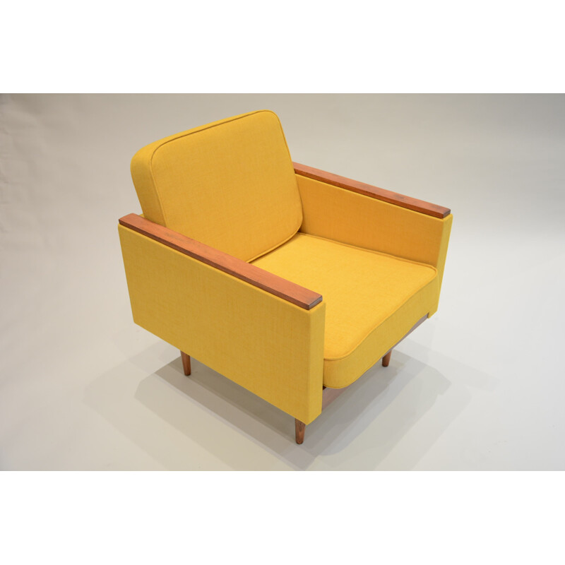 Square Soviet armchair in oak and mustard yellow fabric - 1960s