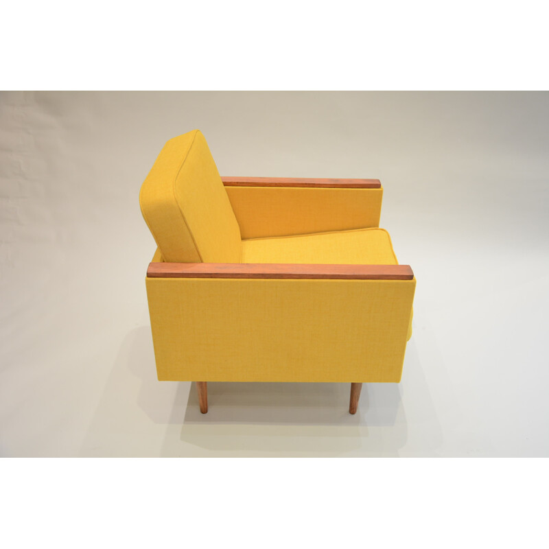 Square Soviet armchair in oak and mustard yellow fabric - 1960s