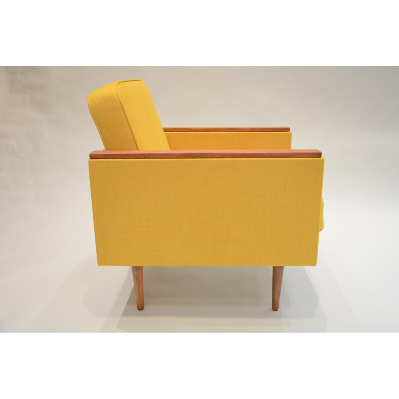 Square Soviet armchair in oak and mustard yellow fabric - 1960s