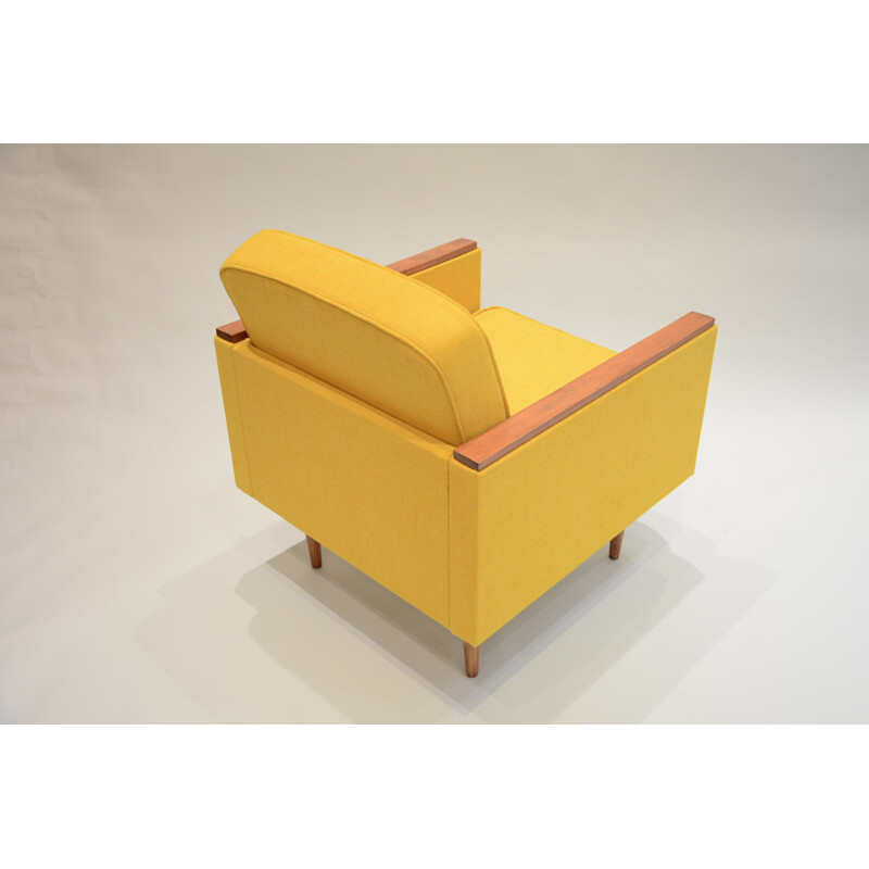 Square Soviet armchair in oak and mustard yellow fabric - 1960s