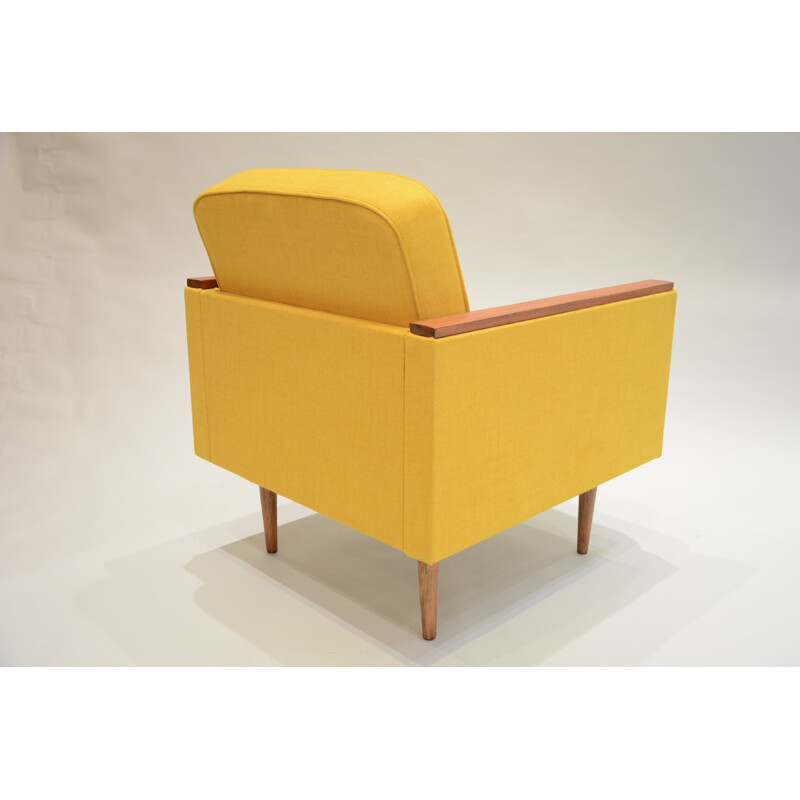 Square Soviet armchair in oak and mustard yellow fabric - 1960s