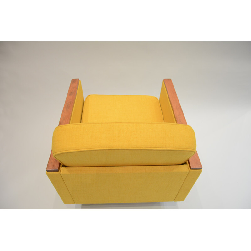 Square Soviet armchair in oak and mustard yellow fabric - 1960s