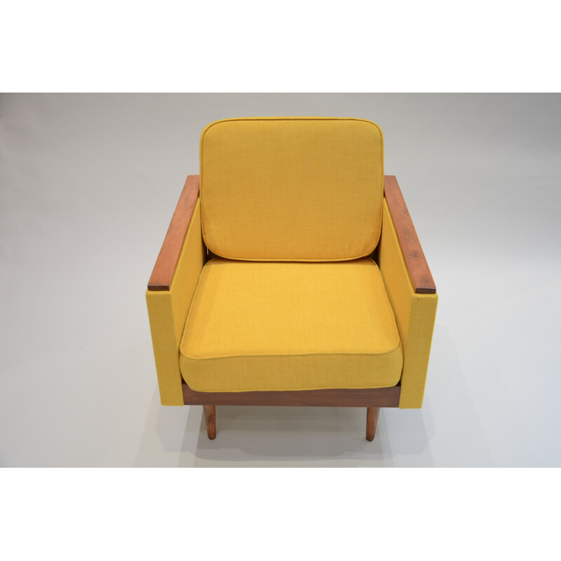 Square Soviet armchair in oak and mustard yellow fabric - 1960s