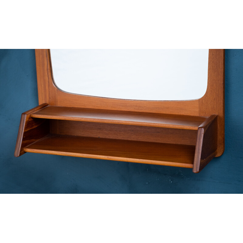 Vintage mirror with teak frame and shelf, Denmark 1960