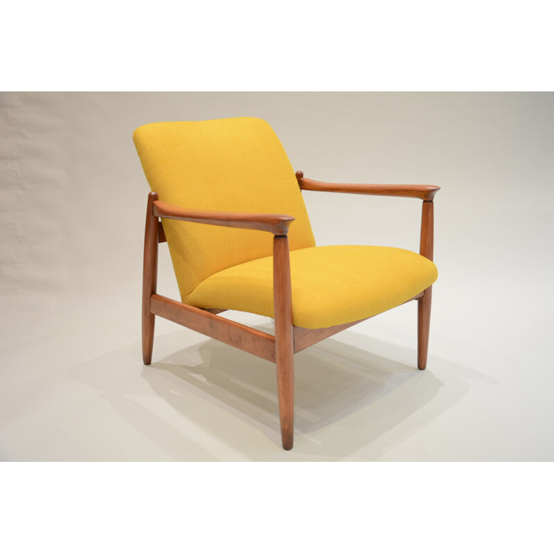 Yellow "Wroclaw" armchair in oak and antistain fabric - 1960s