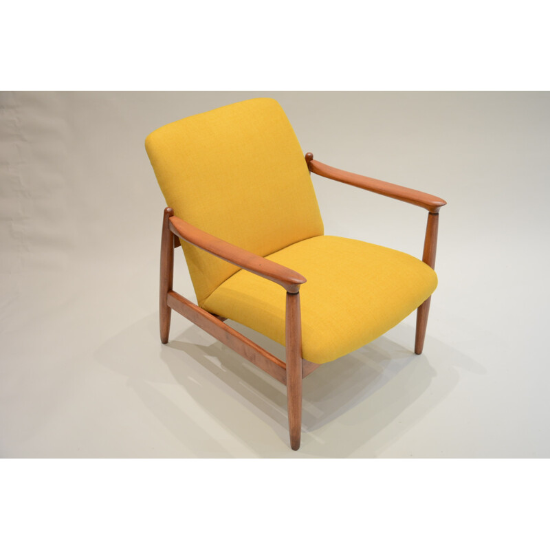 Yellow "Wroclaw" armchair in oak and antistain fabric - 1960s