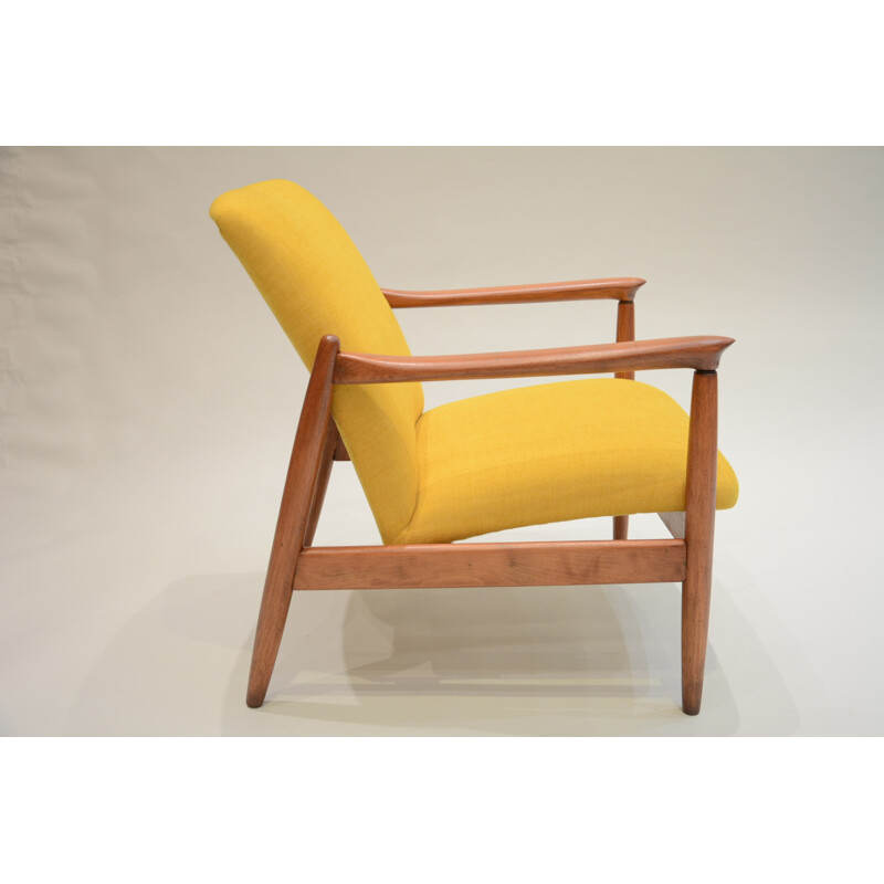 Yellow "Wroclaw" armchair in oak and antistain fabric - 1960s